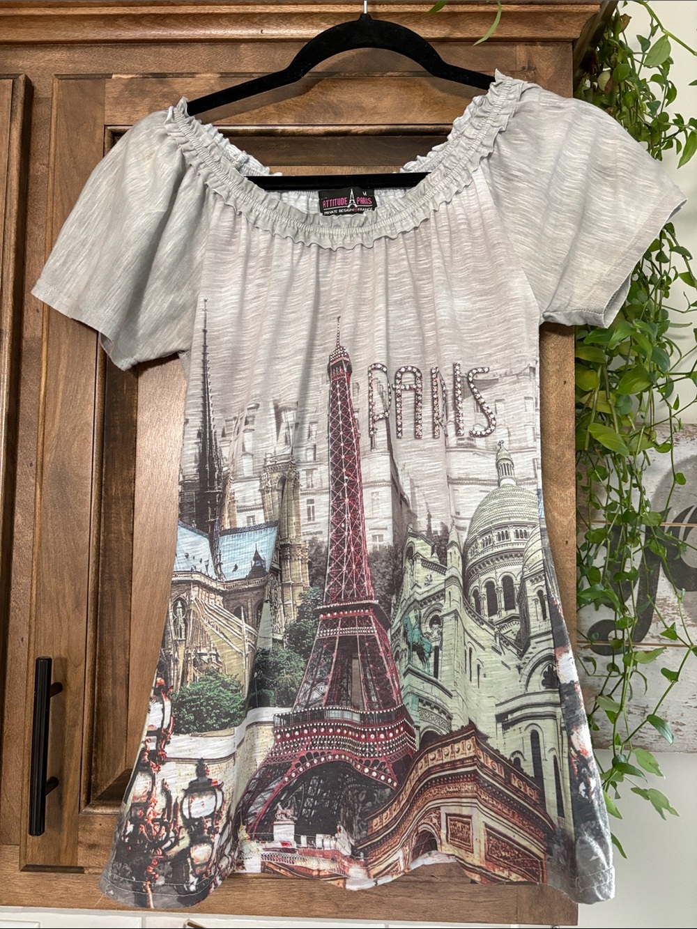 Gray Paris Skyline Off-Shoulder Tunic Top